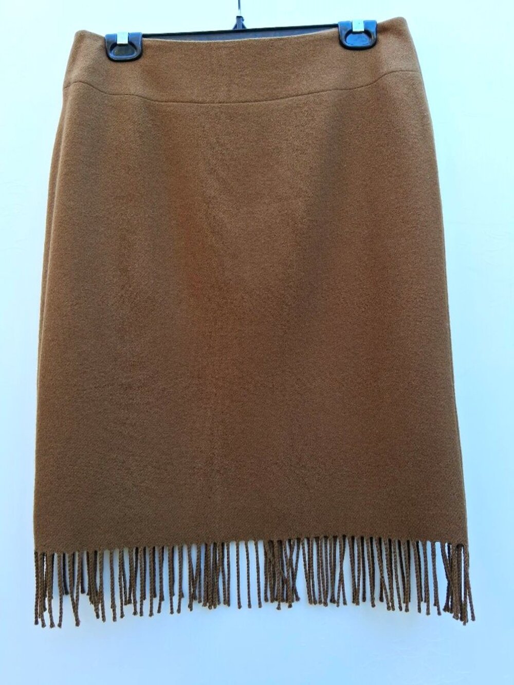 Vintage JONES NEW YORK SIGNATURE wool pencil skirt with fringe, light brown (12)